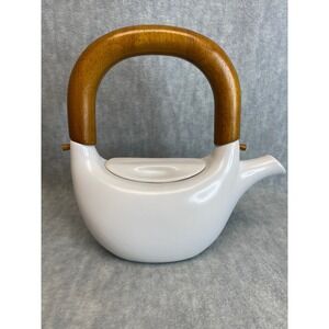 Red Envelope Teapot‎ 20oz White Ceramic Modern Wood Handle Handwash Only